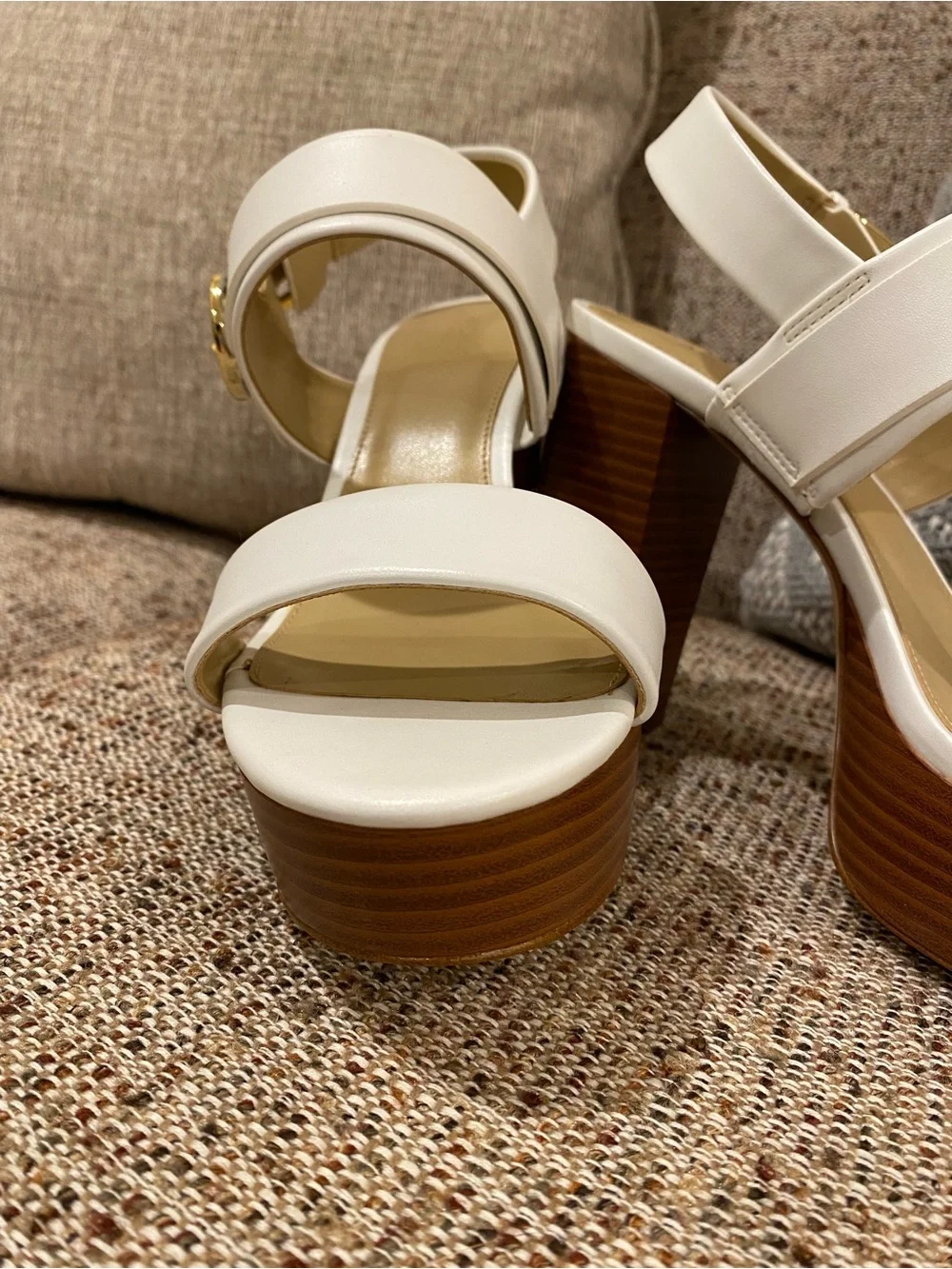 Michael Kors White Platform Block Heel Sandals with Brown Wood-Look Sole